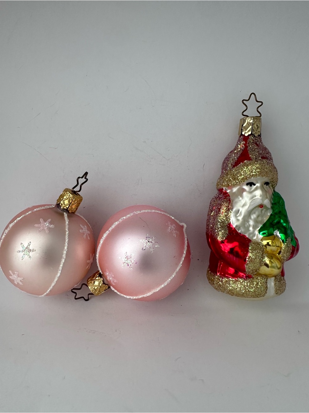 LOT OF 3 VINTAGE Inge Glas ORNAMENTS Father Christmas PINK ROUND GERMANY